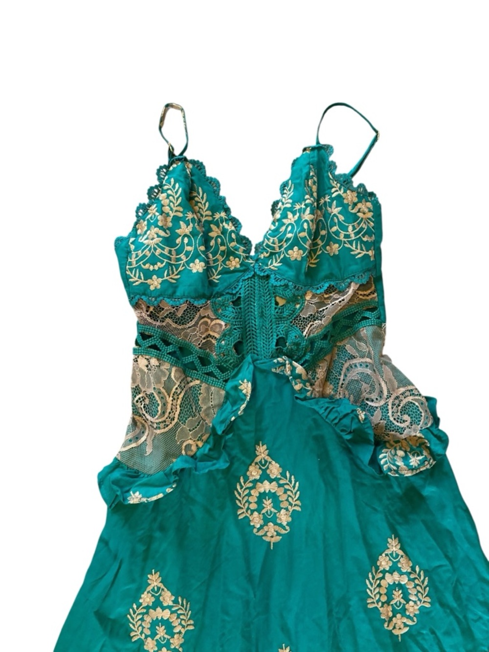 TUART OFFICIAL Turquoise Tiered Embroidered Lace Maxi Dress Bollywood - Picture 5 of 10